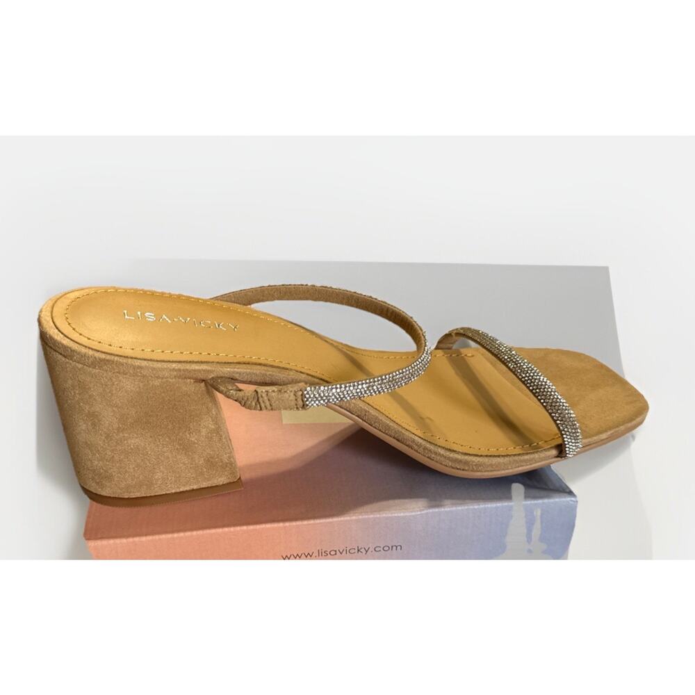 Lisa Vicky Mood Slide Sandals Pave Crystals Silver Hotfix Heels Tan Size 9 - Picture 3 of 9